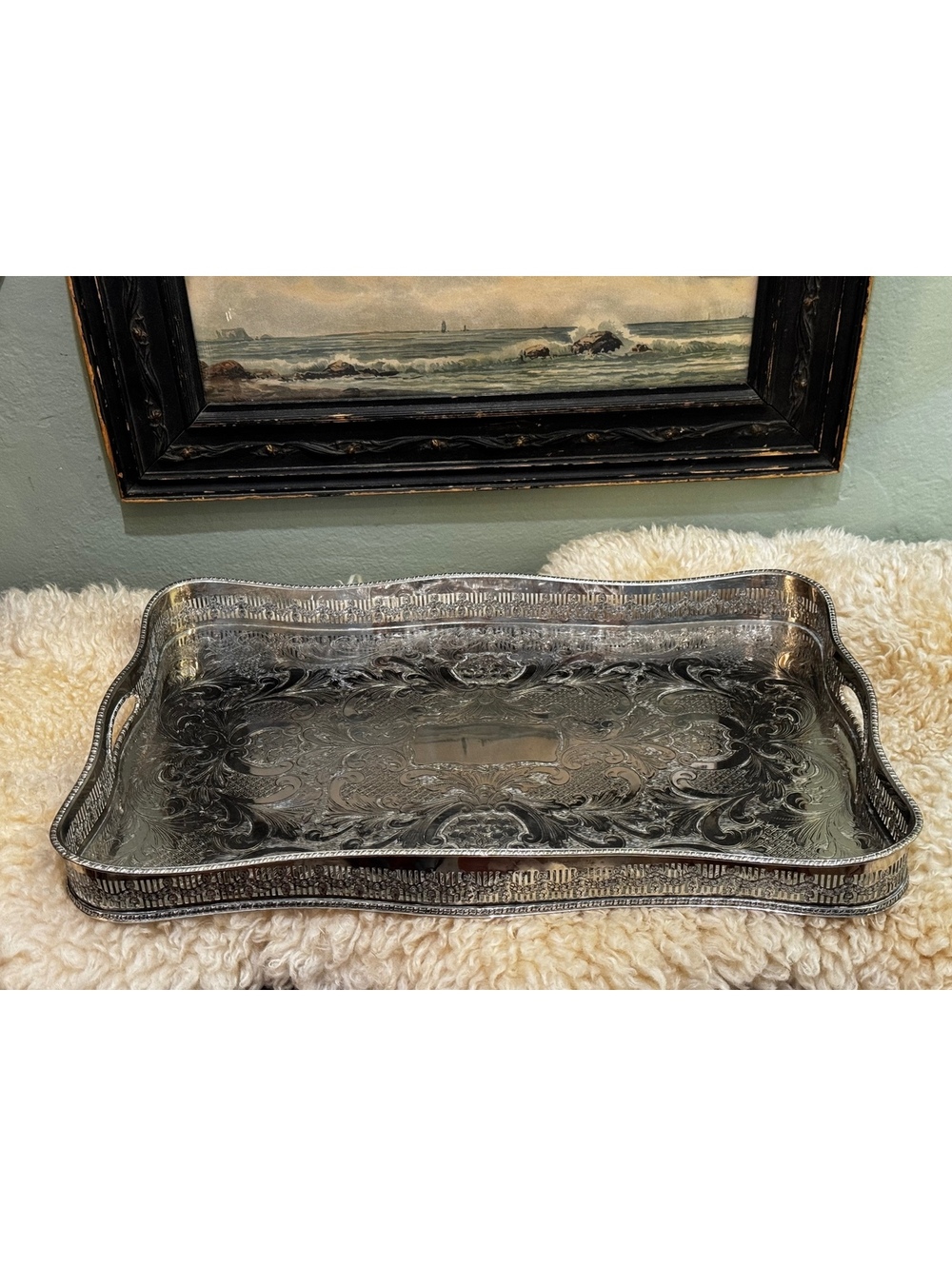 Antique Sheffield Silver Plated on Copper Chased Serving Tray (18" x 12")